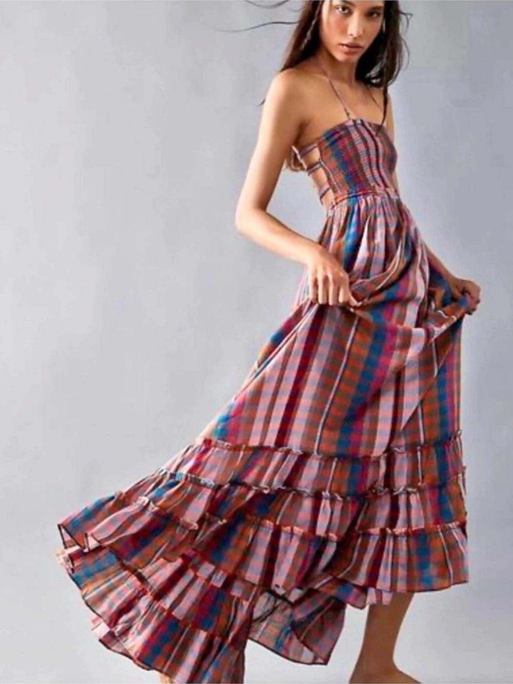 Free People Extratropical Smocked Plaid Halter Maxi Dress L - Picture 1 of 10